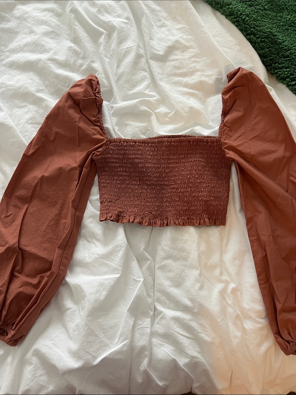 Aritzia Rust Smocked Square-Neck Puff Sleeve Crop Top